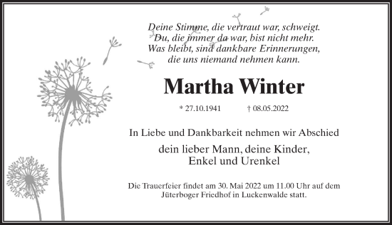 Traueranzeige von Martha Winter von Märkischen Allgemeine Zeitung