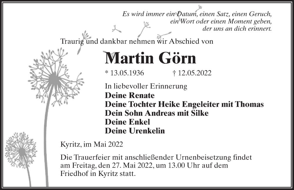  Traueranzeige für Martin Görn vom 21.05.2022 aus Märkischen Allgemeine Zeitung