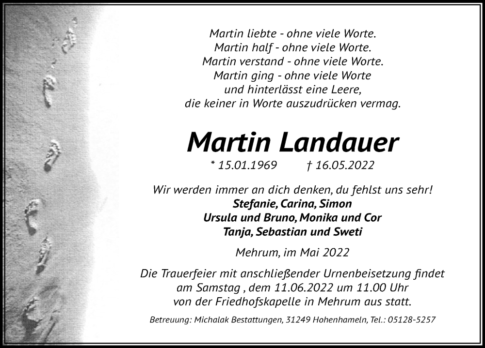  Traueranzeige für Martin Landauer vom 21.05.2022 aus Peiner Allgemeine Zeitung