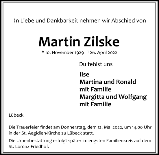 Traueranzeige von Martin Zilske von Lübecker Nachrichten