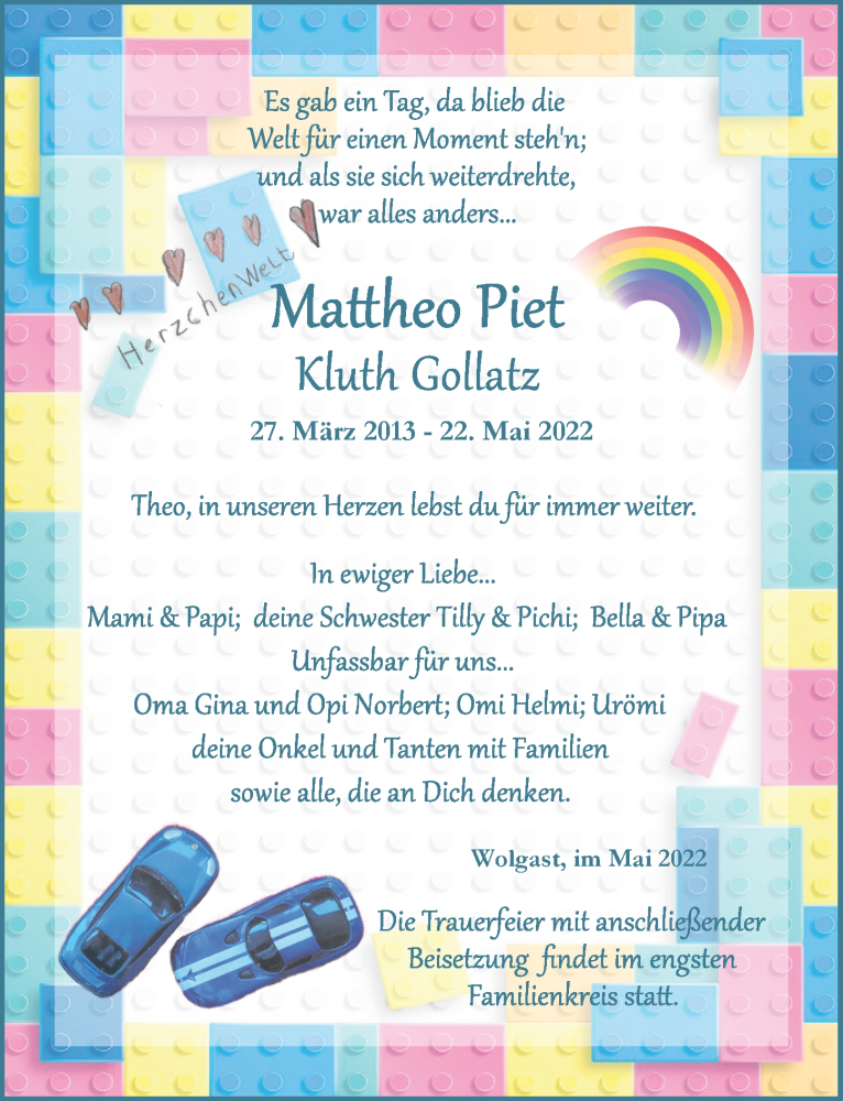  Traueranzeige für Mattheo Piet Kluth Gollatz vom 28.05.2022 aus Ostsee-Zeitung GmbH