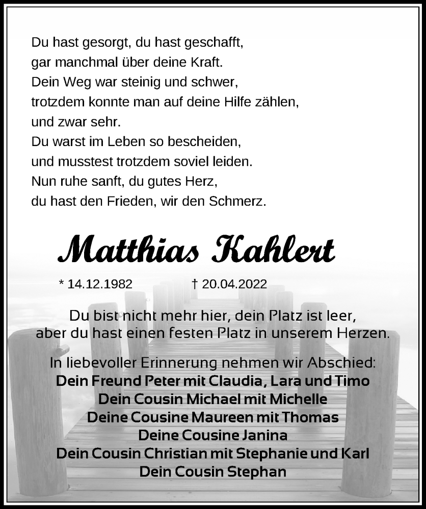  Traueranzeige für Matthias Kahlert vom 07.05.2022 aus Leipziger Volkszeitung
