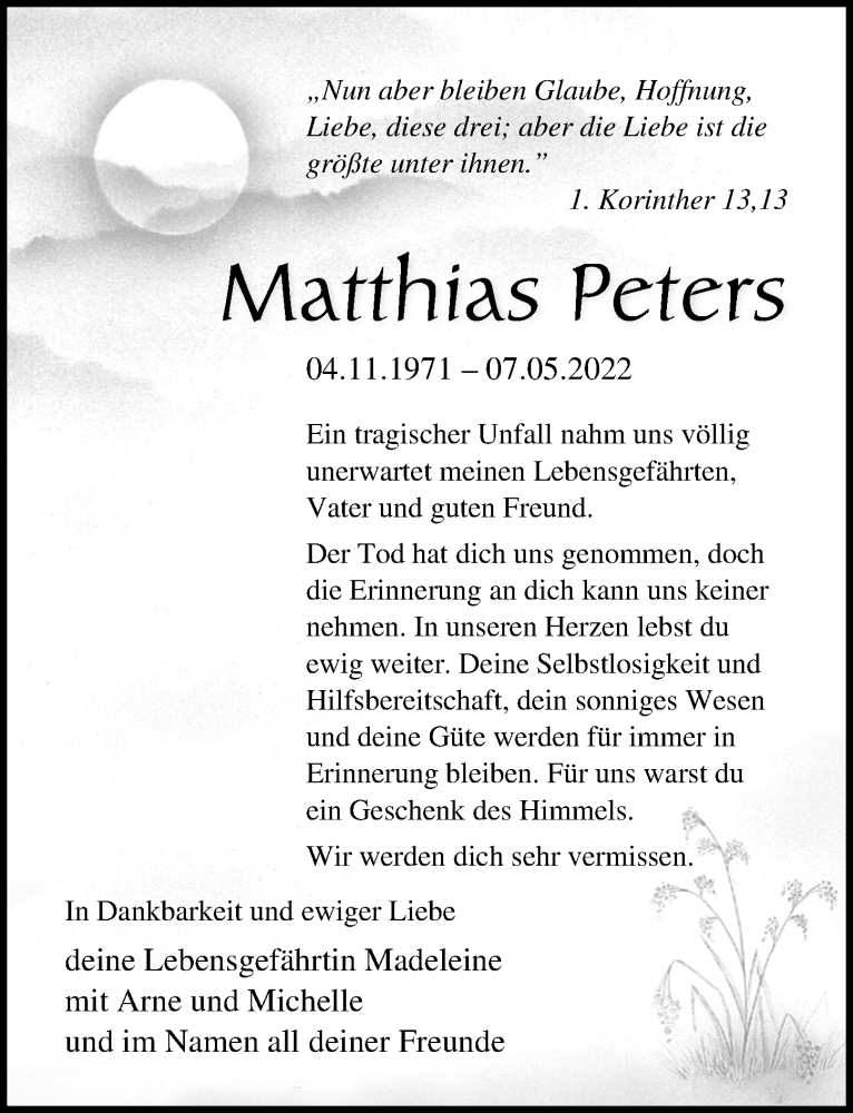  Traueranzeige für Matthias Peters vom 28.05.2022 aus Ostsee-Zeitung GmbH
