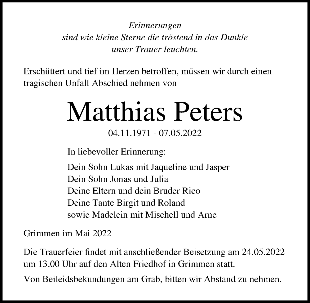  Traueranzeige für Matthias Peters vom 21.05.2022 aus Ostsee-Zeitung GmbH
