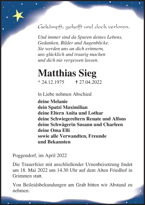 Traueranzeige von Matthias Sieg von Ostsee-Zeitung GmbH
