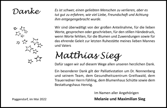 Traueranzeige von Matthias Sieg von Ostsee-Zeitung GmbH