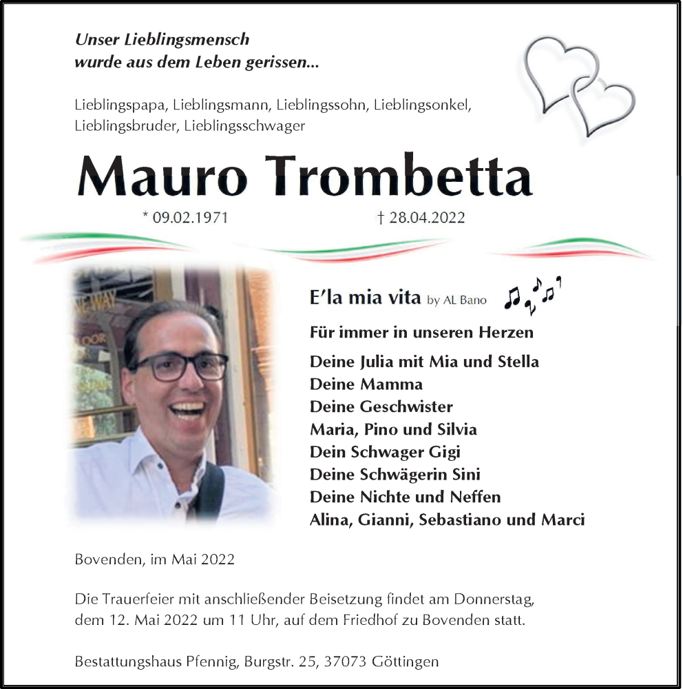  Traueranzeige für Mauro Trombetta vom 07.05.2022 aus Göttinger Tageblatt