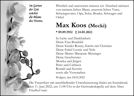 Traueranzeige von Max Koos von Ostsee-Zeitung GmbH