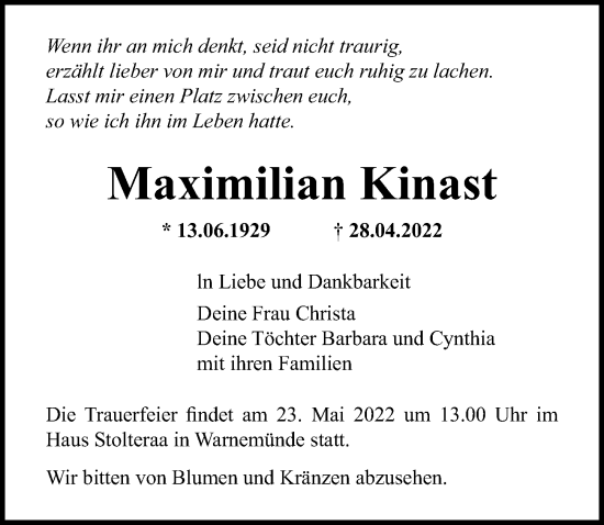 Traueranzeige von Maximilian Kinast von Ostsee-Zeitung GmbH