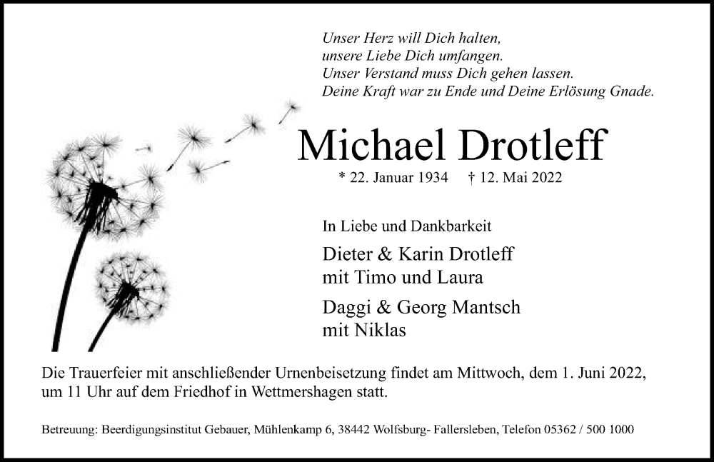  Traueranzeige für Michael Drotleff vom 21.05.2022 aus Aller Zeitung