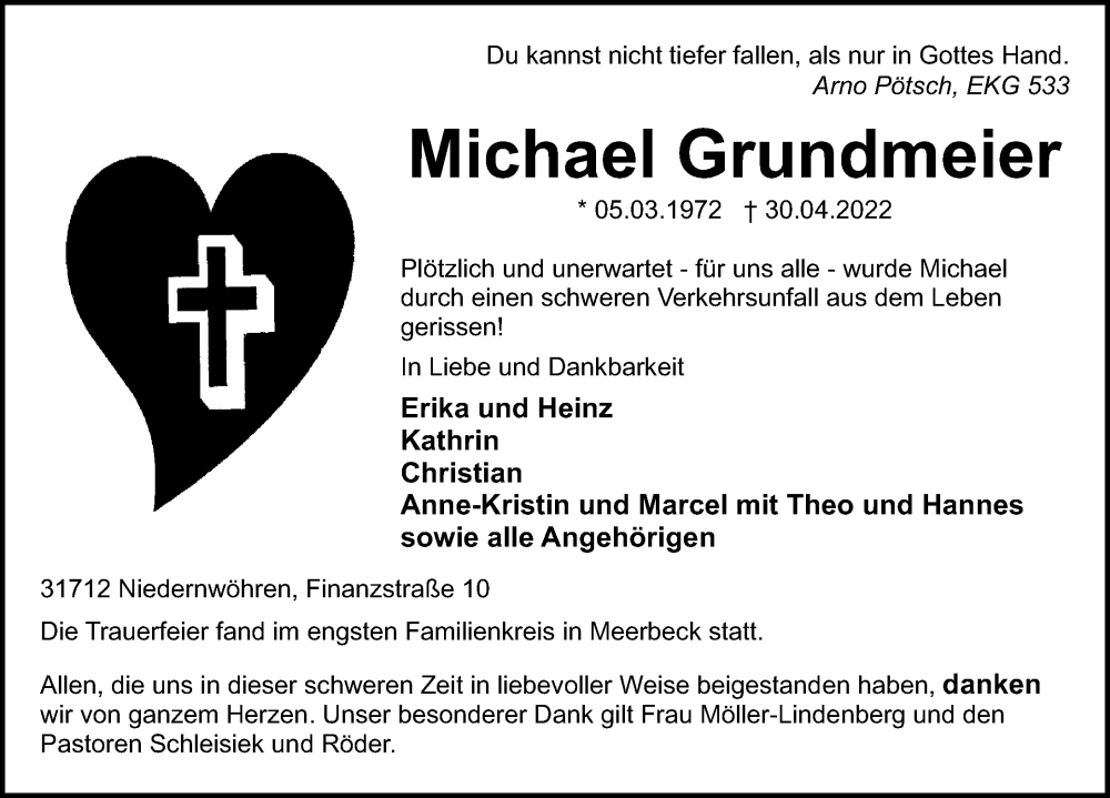  Traueranzeige für Michael Grundmeier vom 21.05.2022 aus Schaumburger Nachrichten