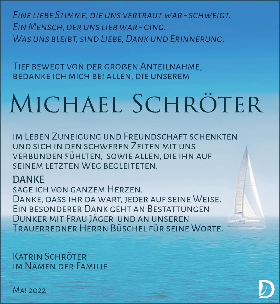  Traueranzeige für Michael Schröter vom 21.05.2022 aus Leipziger Volkszeitung