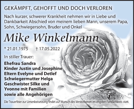 Traueranzeige von Mike Winkelmann von Leipziger Volkszeitung
