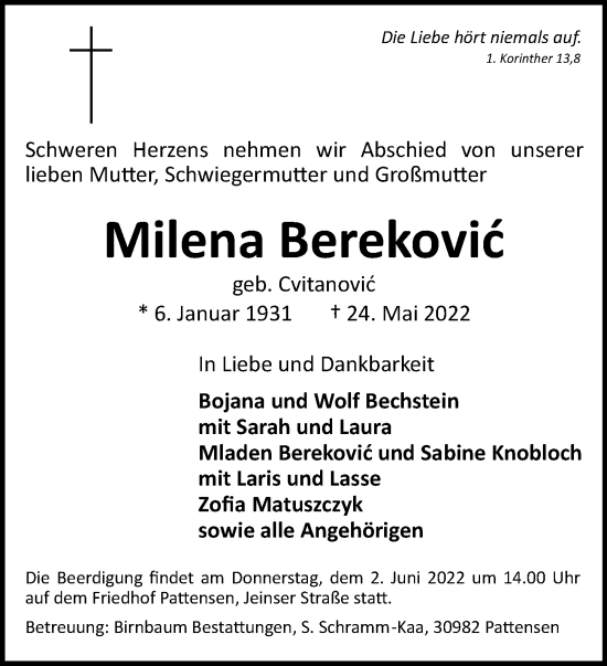 Traueranzeige von Milena Berekovic von Hannoversche Allgemeine Zeitung/Neue Presse