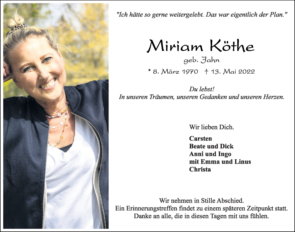  Traueranzeige für Miriam Köthe vom 21.05.2022 aus Kieler Nachrichten