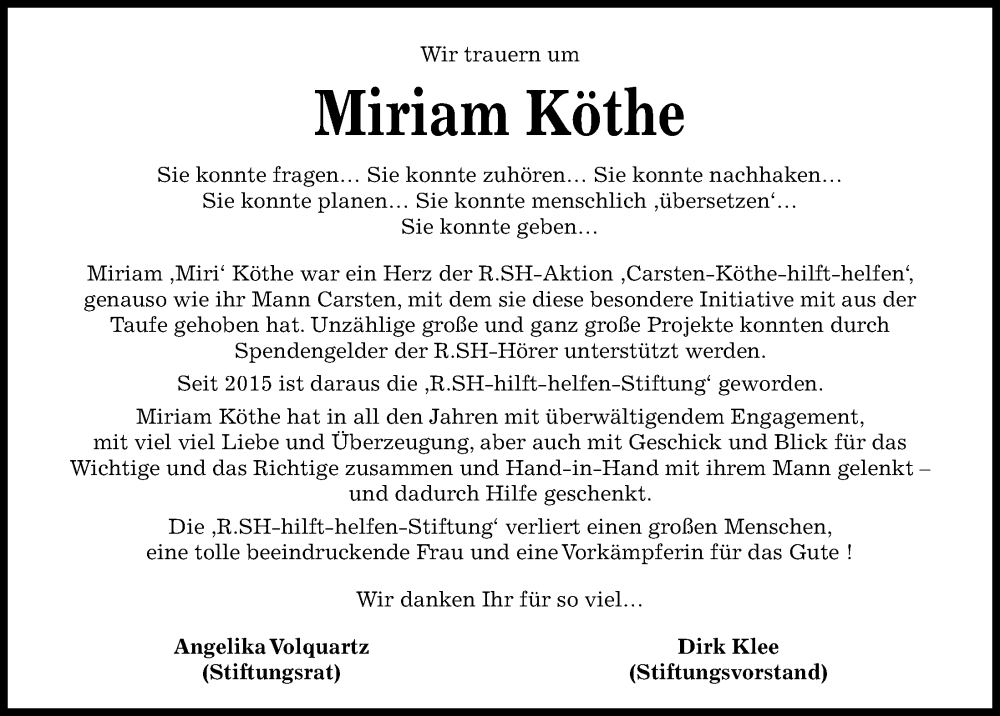  Traueranzeige für Miriam Köthe vom 21.05.2022 aus Kieler Nachrichten