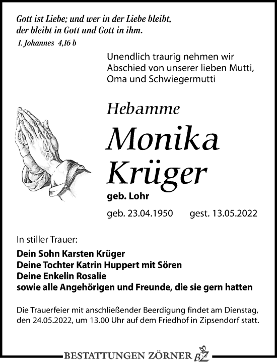 Traueranzeige von Monika Krüger von Leipziger Volkszeitung