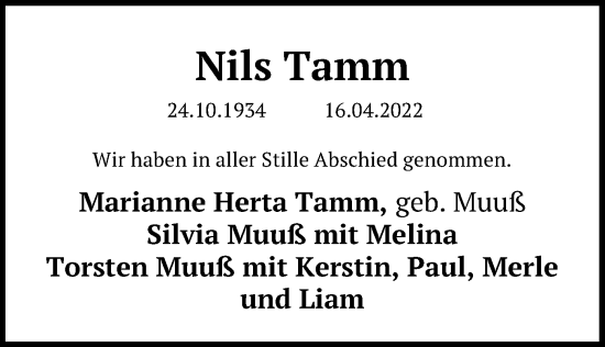 Traueranzeige von Nils Tamm von Lübecker Nachrichten