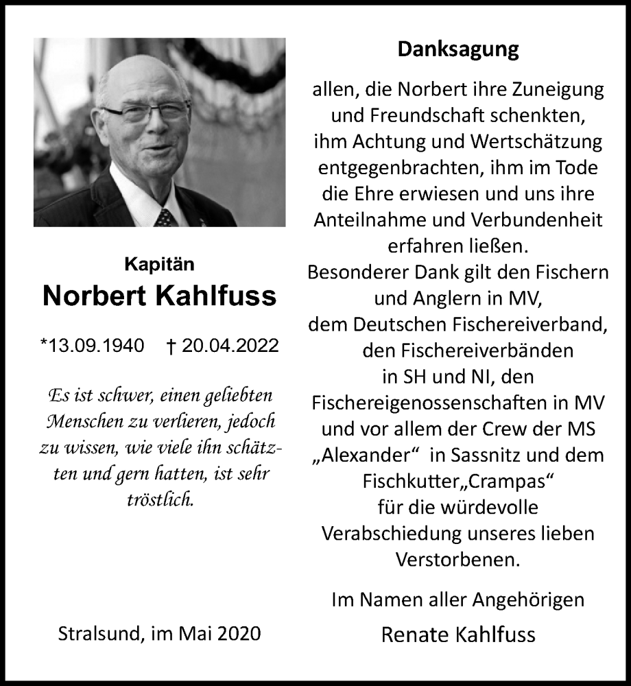  Traueranzeige für Norbert Kahlfuss vom 28.05.2022 aus Ostsee-Zeitung GmbH