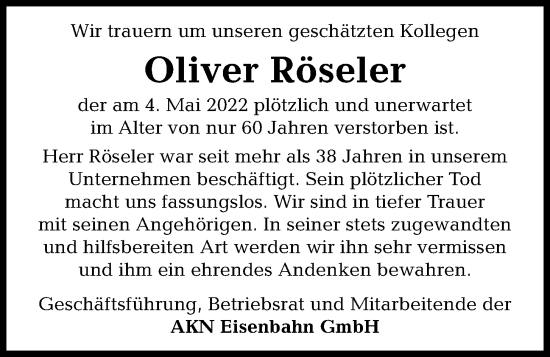 Traueranzeige von Oliver Röseler von Kieler Nachrichten