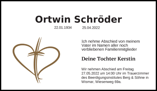 Traueranzeige von Ortwin Schröder von Ostsee-Zeitung GmbH