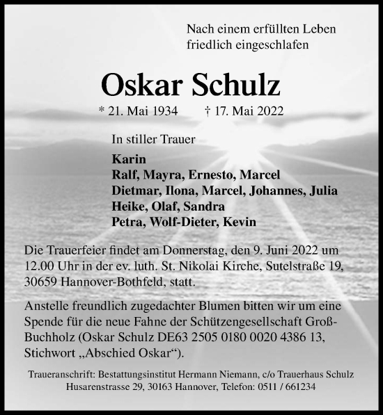 Traueranzeige von Oskar Schulz von Hannoversche Allgemeine Zeitung/Neue Presse