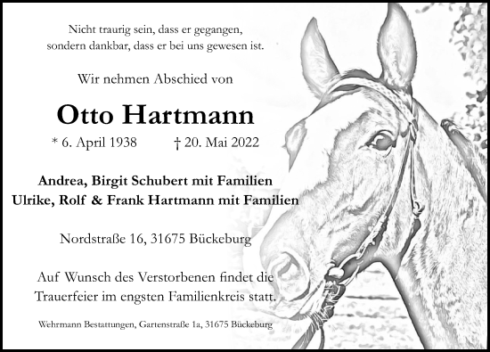 Traueranzeige von Otto Hartmann von Schaumburger Nachrichten