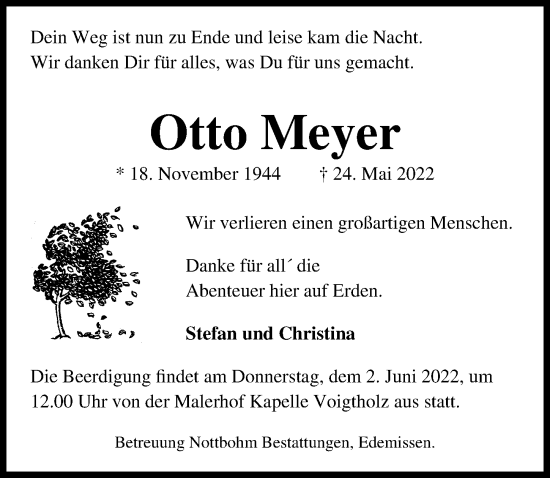 Traueranzeige von Otto Meyer von Peiner Allgemeine Zeitung
