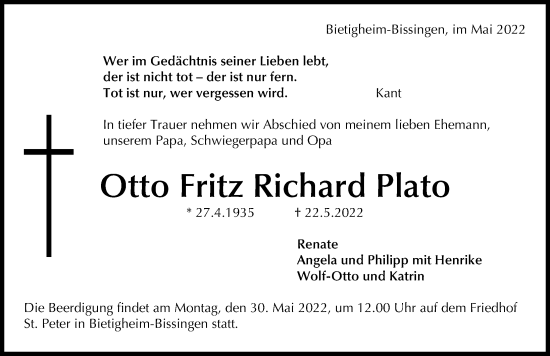 Traueranzeige von Otto Fritz Richard Plato von Hannoversche Allgemeine Zeitung/Neue Presse