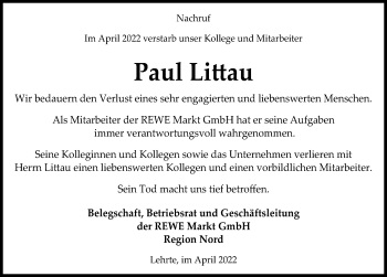 Traueranzeige von Paul Littau von Hannoversche Allgemeine Zeitung/Neue Presse