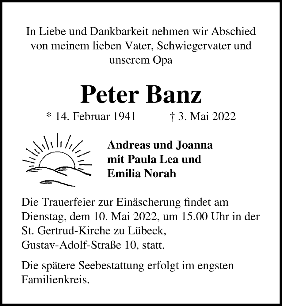  Traueranzeige für Peter Banz vom 08.05.2022 aus Lübecker Nachrichten