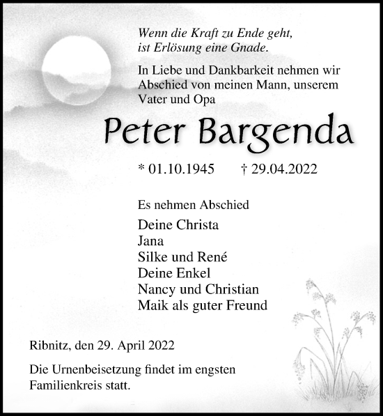 Traueranzeige von Peter Bargenda von Ostsee-Zeitung GmbH