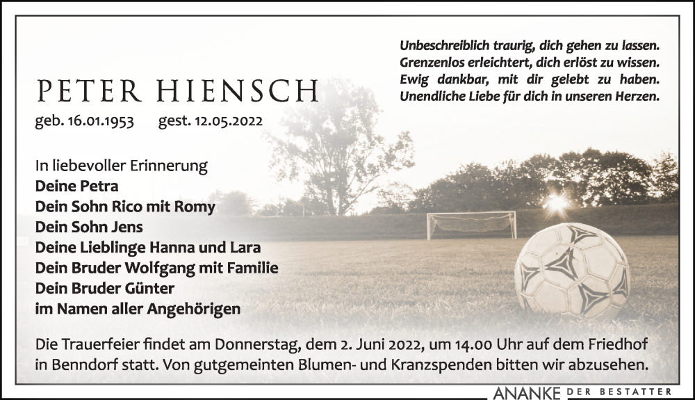  Traueranzeige für Peter Hiensch vom 21.05.2022 aus Leipziger Volkszeitung