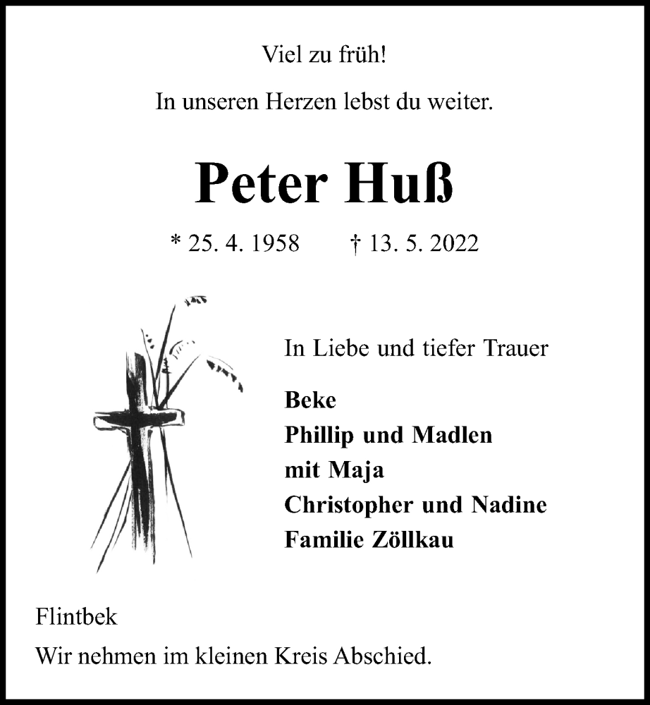  Traueranzeige für Peter Huß vom 18.05.2022 aus Kieler Nachrichten