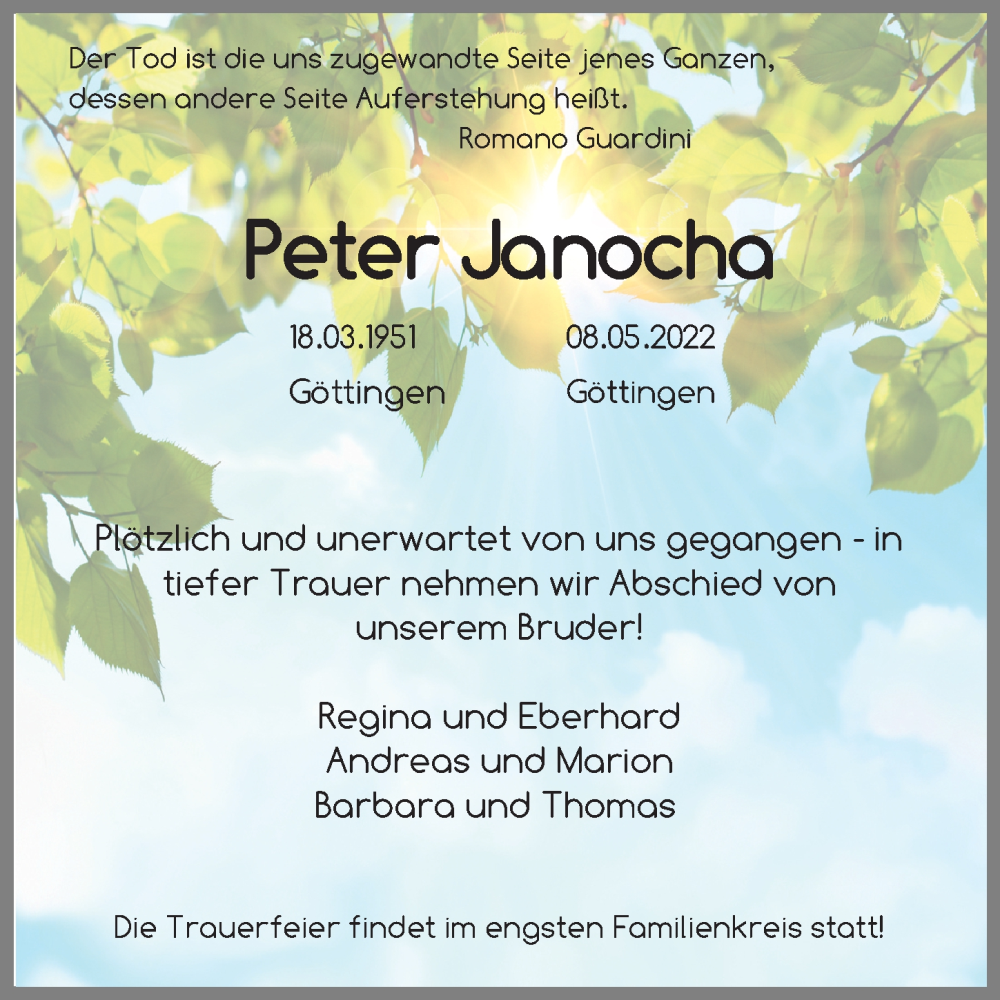  Traueranzeige für Peter Janocha vom 14.05.2022 aus Göttinger Tageblatt