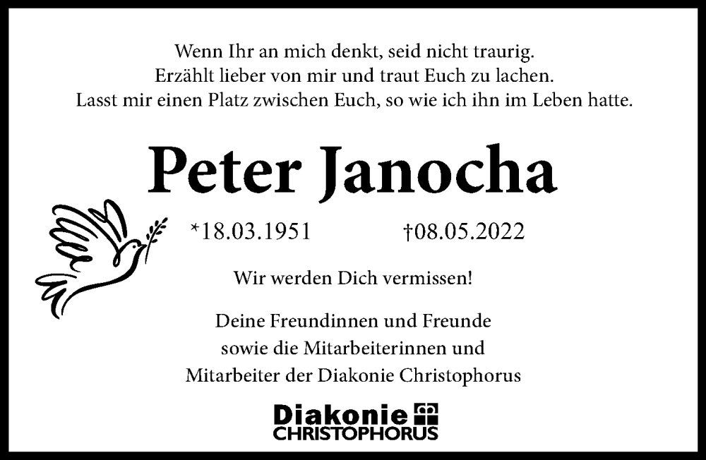  Traueranzeige für Peter Janocha vom 14.05.2022 aus Göttinger Tageblatt