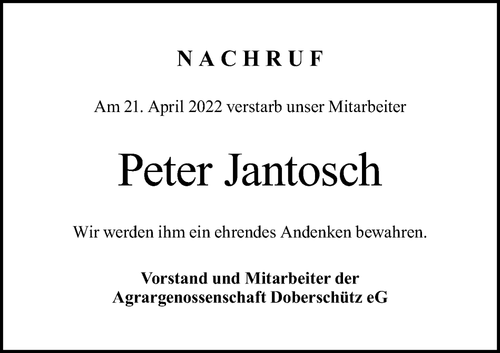  Traueranzeige für Peter Jantosch vom 21.05.2022 aus Torgauer Zeitung