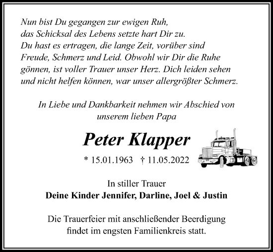 Traueranzeige von Peter Klapper von Märkischen Allgemeine Zeitung