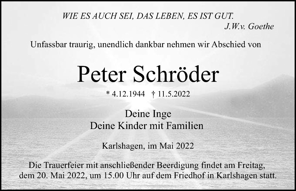  Traueranzeige für Peter Schröder vom 14.05.2022 aus Ostsee-Zeitung GmbH