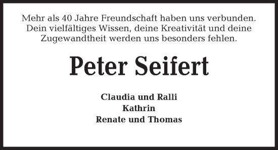 Traueranzeige von Peter Seifert von Kieler Nachrichten
