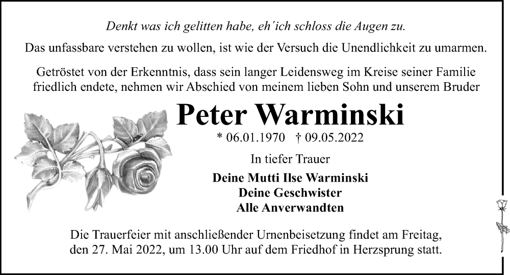  Traueranzeige für Peter Warminski vom 14.05.2022 aus Märkischen Allgemeine Zeitung