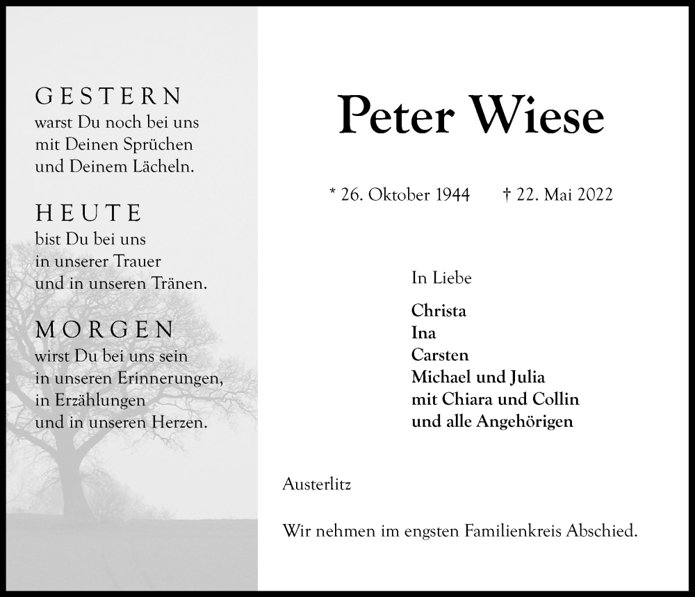  Traueranzeige für Peter Wiese vom 28.05.2022 aus Kieler Nachrichten