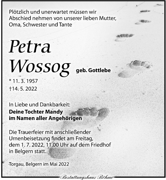 Traueranzeige von Petra Wossog von Torgauer Zeitung