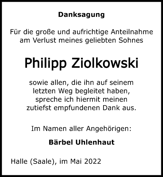 Traueranzeige von Philipp Ziolkowski von Leipziger Volkszeitung