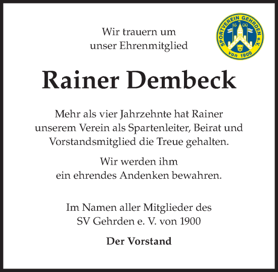 Traueranzeige von Rainer Dembeck von Hannoversche Allgemeine Zeitung/Neue Presse