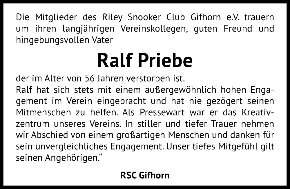  Traueranzeige für Ralf Priebe vom 21.05.2022 aus Aller Zeitung