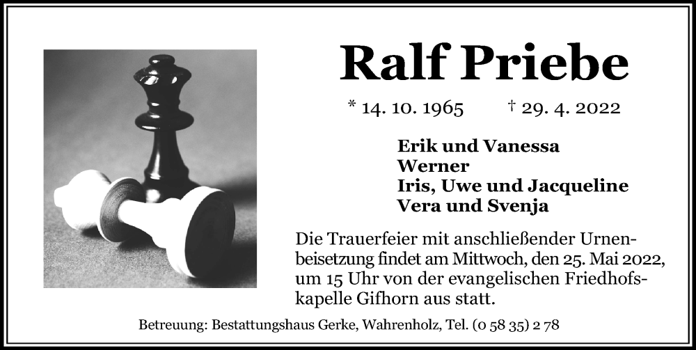  Traueranzeige für Ralf Priebe vom 20.05.2022 aus Aller Zeitung