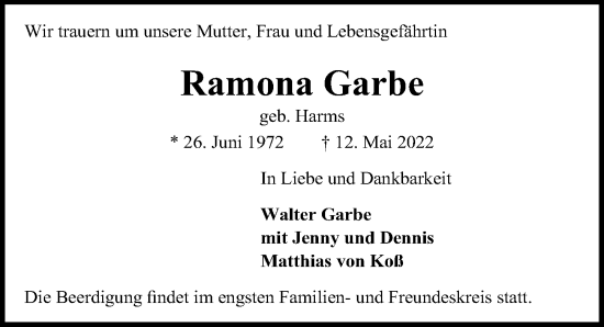 Traueranzeige von Ramona Garbe von Hannoversche Allgemeine Zeitung/Neue Presse