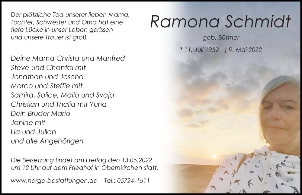  Traueranzeige für Ramona Schmidt vom 11.05.2022 aus Schaumburger Nachrichten