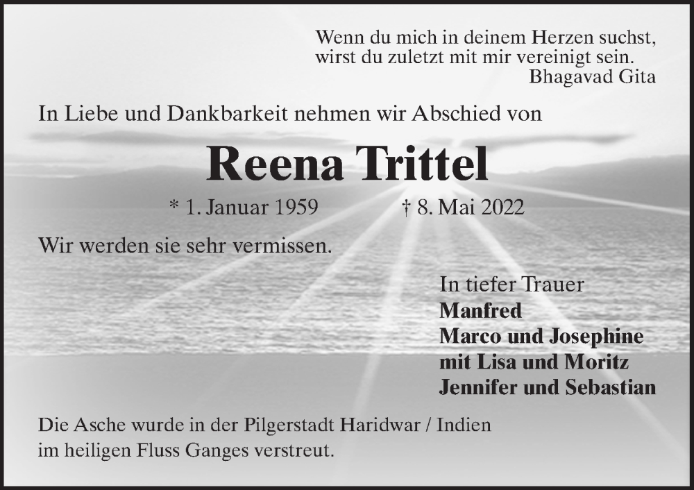  Traueranzeige für Reena Trittel vom 21.05.2022 aus Peiner Allgemeine Zeitung